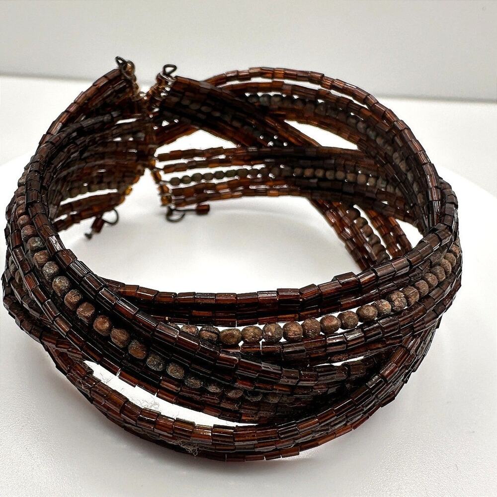 Vintage 90s Beaded Multi-Strand Cuff Bracelet Brown Seed Beads Boho Jewelry